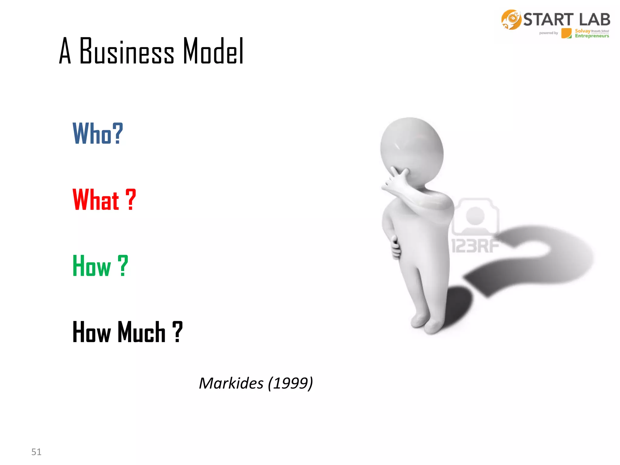 A Business Model
Who?
What ?
How ?

How Much ?
Markides (1999)

51

 