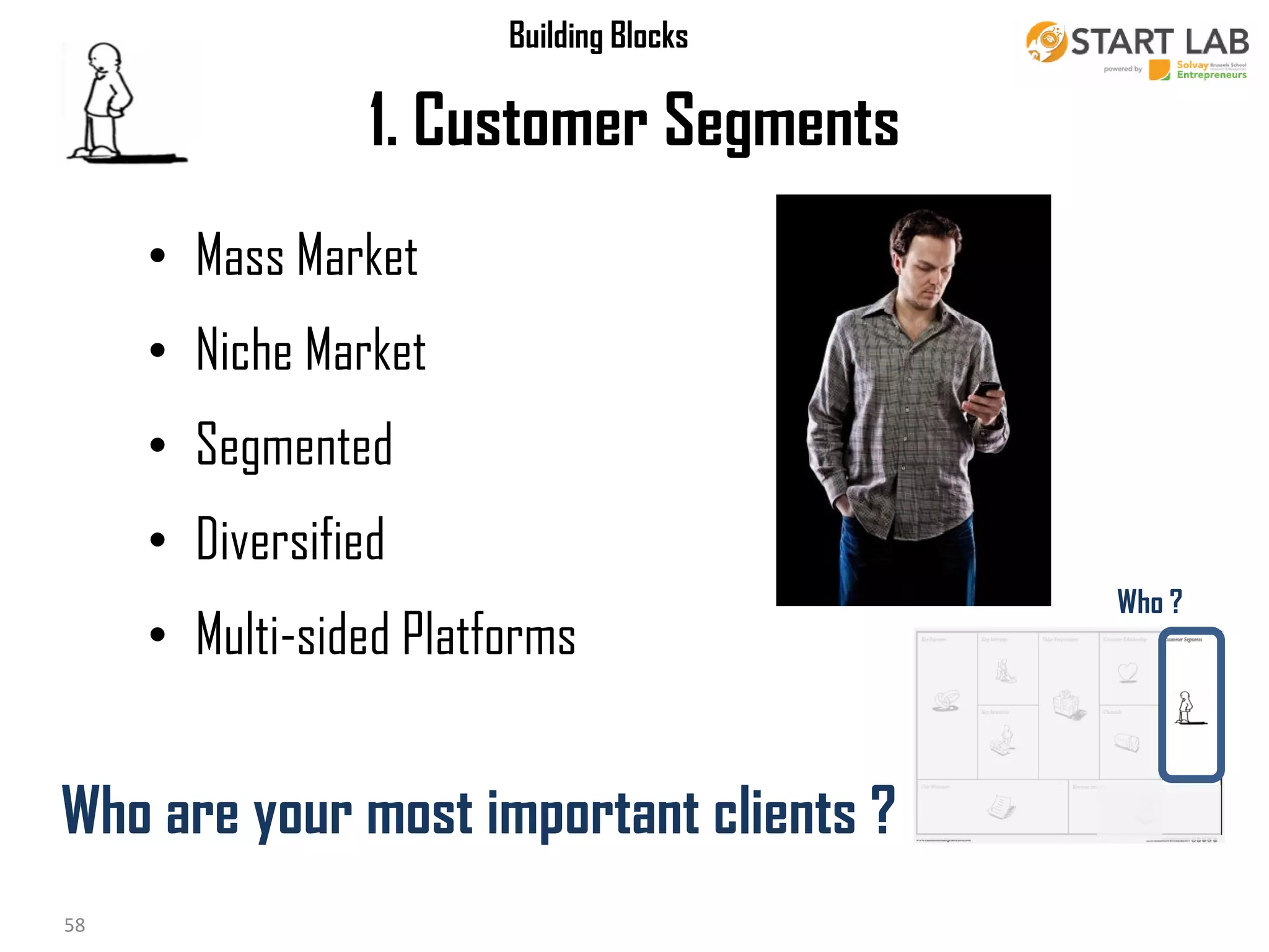 Building Blocks

1. Customer Segments
• Mass Market
• Niche Market

• Segmented
• Diversified

• Multi-sided Platforms

Who are your most important clients ?
58

Who ?

 