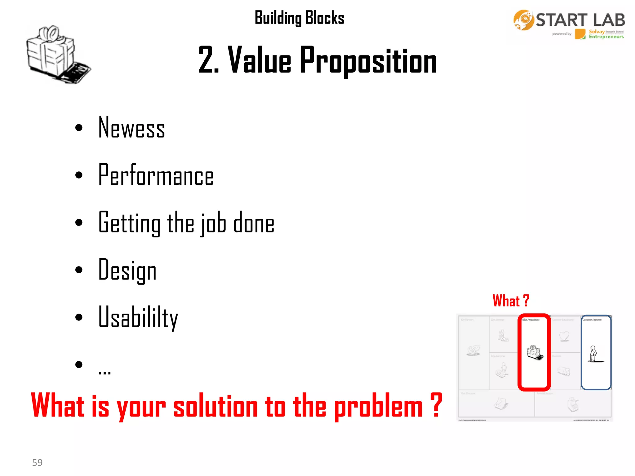 Building Blocks

2. Value Proposition
• Newess
• Performance

• Getting the job done
• Design
What ?

• Usabililty
• …

What is your solution to the problem ?
18/10/2013
59

59
Business Modeling

 