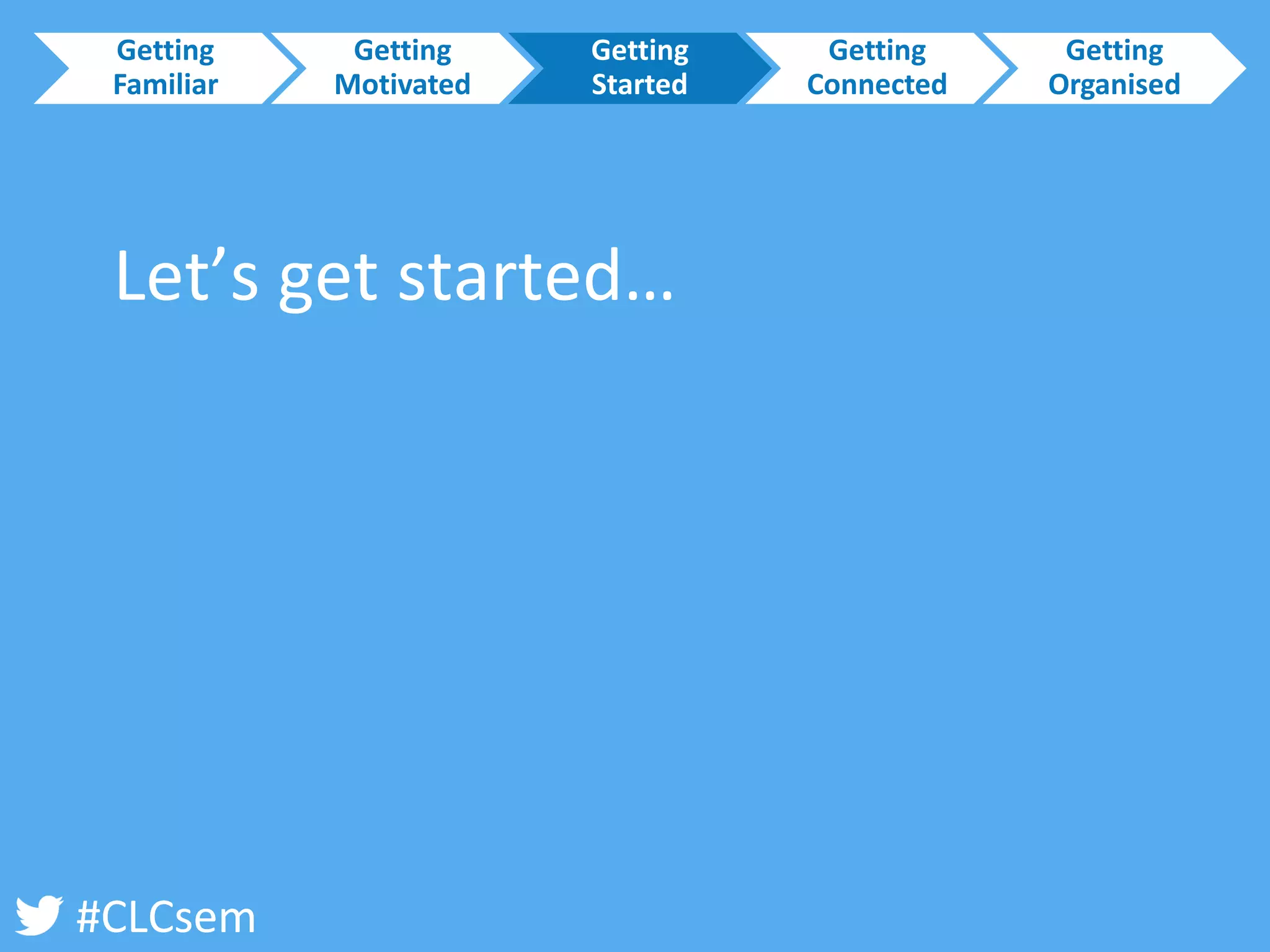 #CLCsem 
Let’s get started… 
Getting Familiar 
Getting Motivated 
Getting Started 
Getting Connected 
Getting Organised  