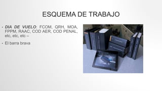 ESQUEMA DE TRABAJO
• DIA DE VUELO: FCOM, QRH, MOA,
FPPM, RAAC, COD AER, COD PENAL,
etc, etc, etc –
• El barra brava
 