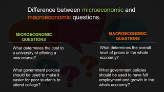 Difference between microeconomic and
macroeconomic questions.
What determines the cost to
a university of offering a
new course?
What determines the overall
level of prices in the whole
economy?
What government policies
should be used to make it
easier for poor students to
attend college?
What government policies
should be used to have full
employment and growth in the
whole economy?
MICROECONOMIC
QUESTIONS
MACROECONOMIC
QUESTIONS
 