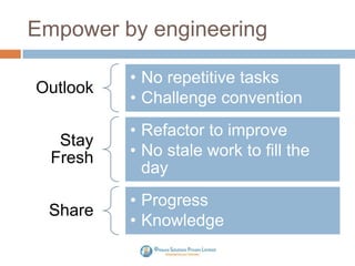 Empower by engineering
Outlook
• No repetitive tasks
• Challenge convention
Stay
Fresh
• Refactor to improve
• No stale work to fill the
day
Share
• Progress
• Knowledge