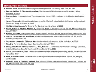 INTRODUCTION
StartNowHow - Literature
• Bowers, Brent, 8 Patterns of Highly Effective Entrepreneurs, Doubleday, New York, NY 2008
• Bygrave, William D. / Zacharaiks, Andrew, The Portable MBA in Entrepreneurship, 4th ed., Wiley,
Hoboken, NJ 2010
• Drucker, Peter F., Innovation and Entrepreneurship, 1st ed. 1985, reprinted 2010, Elsevier, Kiddlington,
2010
• Harper, Stephen C., Extraordinary Entrepreneurship: The Professional’s Guide to Starting an Exceptional
Enterprise, Wiley, Hoboken, NJ 2005
• Hirshberg, Meg Cadoux, For Better or for Work, All Inc., New York, NY 2012
• Hisrich, Robert D. / Peters, Michael P. / Shepherd, Dean A., Entrepreneurship, 9th ed., McGraw-Hill, New
York, NY 2012
• Kuratko, Donald F., Entrepreneurship: Theory, Process, Practice, 8th ed., South-Western, Mason, OH 2009
• Leach, J. Chris / Melicher, Ronald W., Entrepreneurial Finance, International Edition, 4th ed., South-
Western, Hampshire 2012
• Osterwalder, Alexander / Pigneur, Yves, Business Model Generation, Wiley, Hoboken, NJ 2010
• Ries, Eric, The Lean Startup, Crown Business, New York, NY 2011
• Smith, Janet Kiholm / Smith, Richard L. / Bliss, Richard T.,Entrepreneurial Finance – Strategy, Valuation,
and Deal Structure, Standford University Press, Stanford, CA 2011
• Stokes, David / Wilson, Nick, Small Business Management and Entrepreneurship, 6th ed., South-Western,
Hampshire 2010
• Taleb, Nassim Nicholas, The Black Swan – The Impact of the Highly Improbable, revised ed., Penguin,
London 2010
• Timmons, Jeffry A. / Spinelli, Stephen, New Venture Creation – Entrepreneurship for the 21st Century, 9th
ed., McGraw-Hill, New York, NY 2011
Startnowhow – Seminar 115.12.2016 3
 