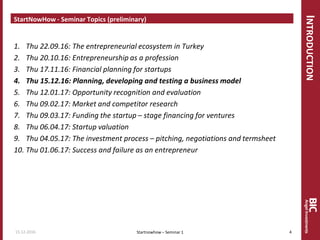 INTRODUCTION
StartNowHow - Seminar Topics (preliminary)
1. Thu 22.09.16: The entrepreneurial ecosystem in Turkey
2. Thu 20.10.16: Entrepreneurship as a profession
3. Thu 17.11.16: Financial planning for startups
4. Thu 15.12.16: Planning, developing and testing a business model
5. Thu 12.01.17: Opportunity recognition and evaluation
6. Thu 09.02.17: Market and competitor research
7. Thu 09.03.17: Funding the startup – stage financing for ventures
8. Thu 06.04.17: Startup valuation
9. Thu 04.05.17: The investment process – pitching, negotiations and termsheet
10. Thu 01.06.17: Success and failure as an entrepreneur
Startnowhow – Seminar 115.12.2016 4
 