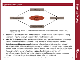 BUSINESSMODEL
Types of Business Models
15.12.2016 6Startnowhow – Seminar 4
(adopted from Amit, R, / Zott, C., Value Creation in E-Business, in: Strategic Management Journal 22 (6/7),
2001, pp. 493-520)
Value
Creation
Efficiency
Complementarity
Innovation Lock-In
• Innovation-centered business models: Create new possibilities for transactions among
economic subjects – Example: Location-based mobile commerce
• Efficiency-centered business models: Increase efficiency for already existing transactions
among economic subjects – Example: Use of internet in touristic industry, Amazon
• Lock-in-centered business models: Increase volume of existing transactions between
existing economic subjects by binding them closer together – Example: 2-year-contracts for
mobile phone usage and value-added services, Google search engine, Loyaltycard programs
• Complementarity-centered business models: Combining own services with
complementary services for increasing attractiveness of transactions among economic
subjects – Example: App stores, Computer + operating system bundle
 