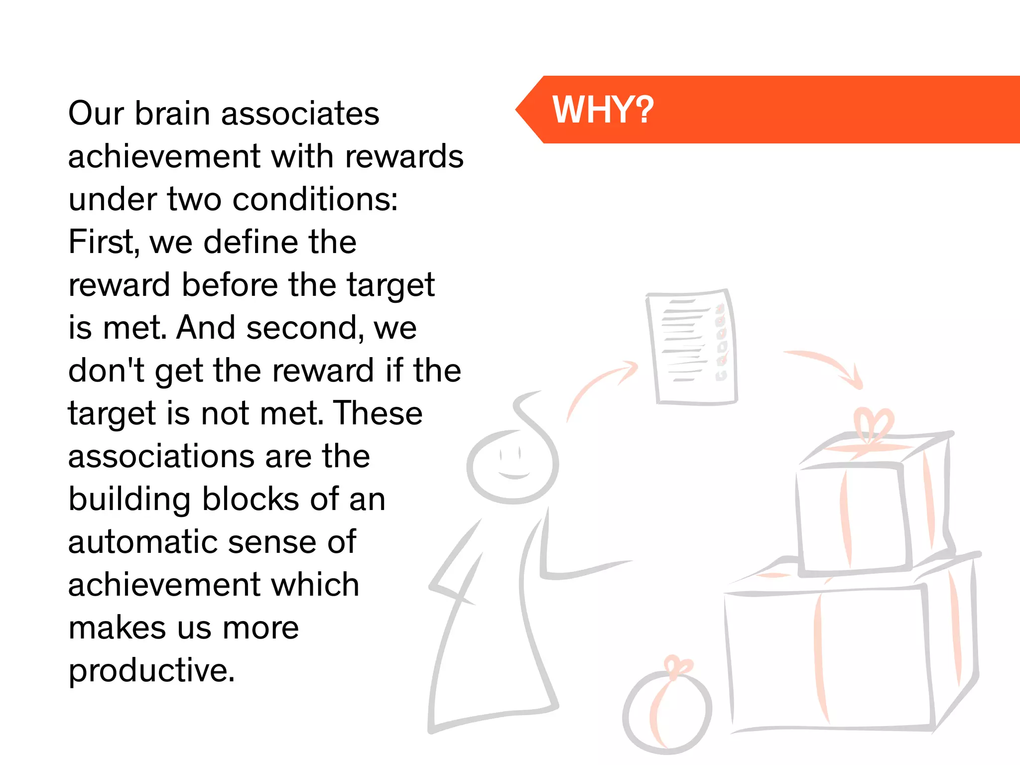 Our brain associates
achievement with rewards
under two conditions:
First, we deﬁne the
reward before the target
is met. And second, we
don't get the reward if the
target is not met. These
associations are the
building blocks of an
automatic sense of
achievement which
makes us more
productive.
WHY?
 