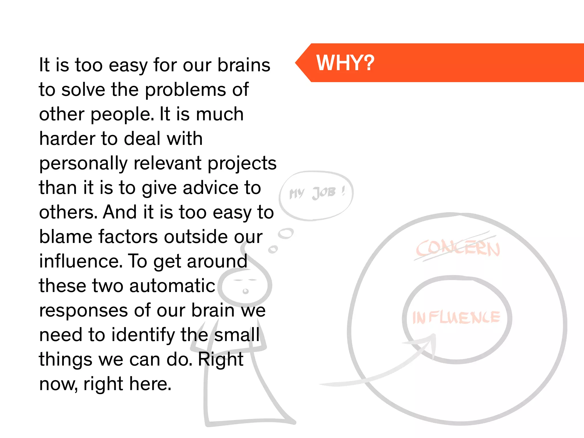 It is too easy for our brains
to solve the problems of
other people. It is much
harder to deal with
personally relevant projects
than it is to give advice to
others. And it is too easy to
blame factors outside our
inﬂuence. To get around
these two automatic
responses of our brain we
need to identify the small
things we can do. Right
now, right here.
WHY?
 