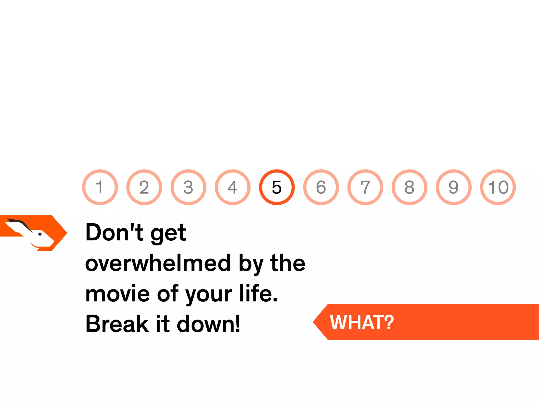 Don't get
overwhelmed by the
movie of your life.
Break it down! WHAT?
1 2 3 4 5 6 7 8 9 10
 