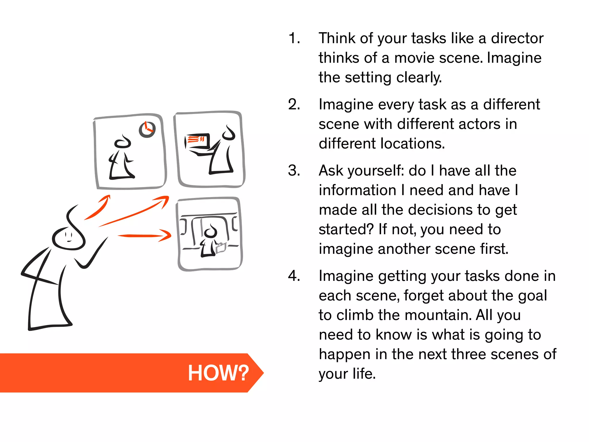 1. Think of your tasks like a director
thinks of a movie scene. Imagine
the setting clearly.
2. Imagine every task as a different
scene with different actors in
different locations.
3. Ask yourself: do I have all the
information I need and have I
made all the decisions to get
started? If not, you need to
imagine another scene ﬁrst.
4. Imagine getting your tasks done in
each scene, forget about the goal
to climb the mountain. All you
need to know is what is going to
happen in the next three scenes of
your life.HOW?
 