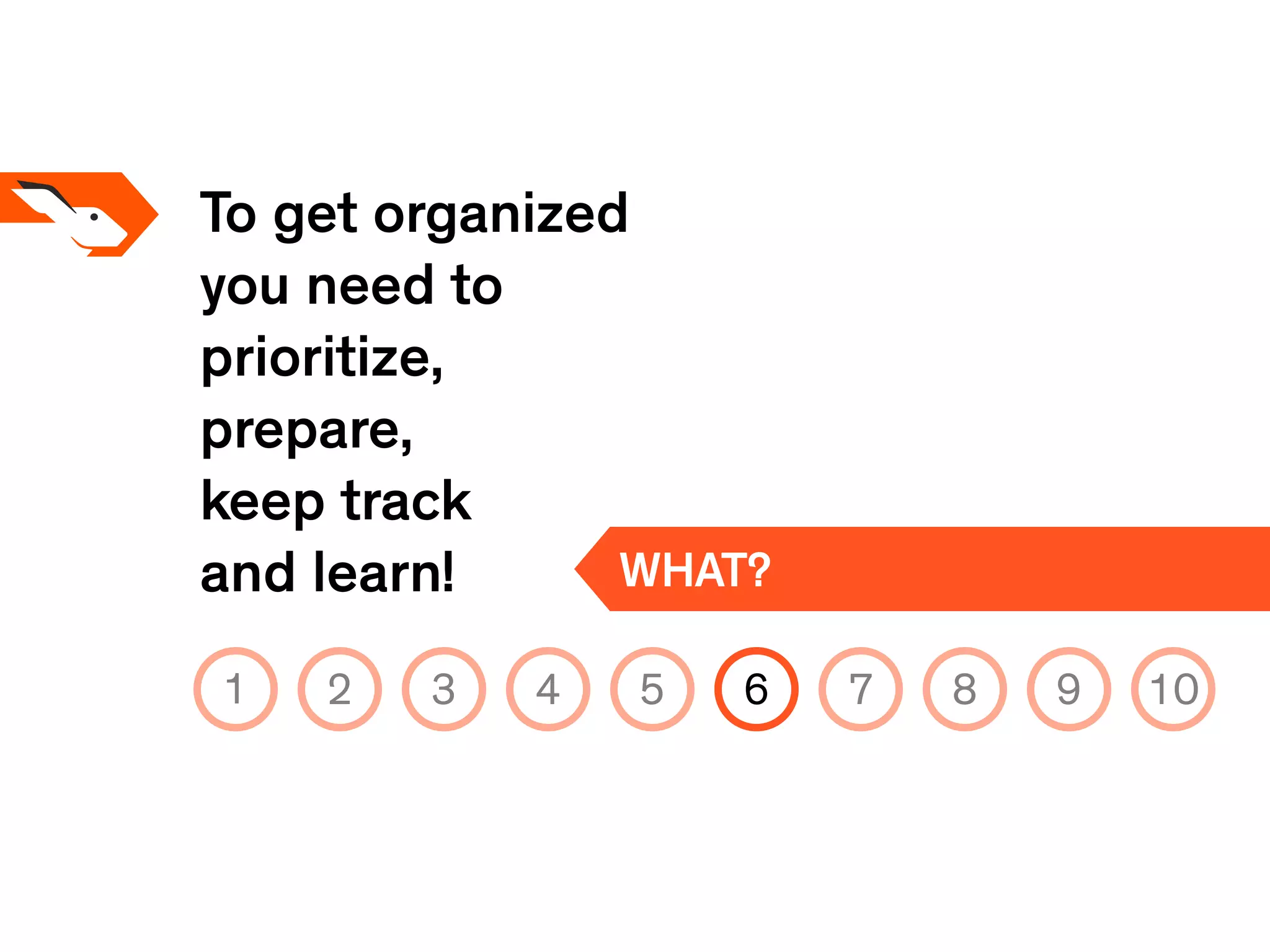 To get organized
you need to
prioritize,
prepare,
keep track
and learn! WHAT?
1 2 3 4 5 6 7 8 9 10
 