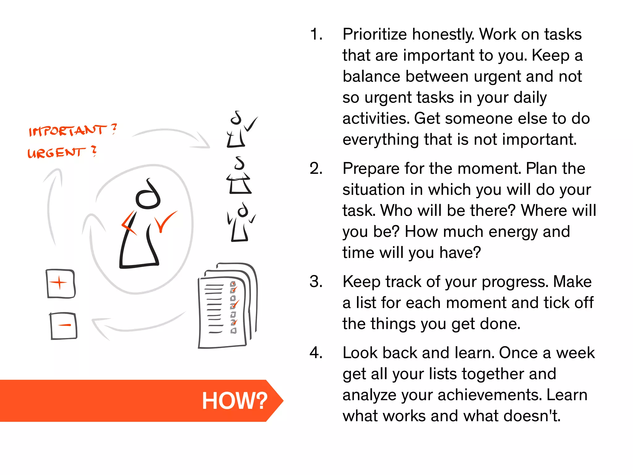 1. Prioritize honestly. Work on tasks
that are important to you. Keep a
balance between urgent and not
so urgent tasks in your daily
activities. Get someone else to do
everything that is not important.
2. Prepare for the moment. Plan the
situation in which you will do your
task. Who will be there? Where will
you be? How much energy and
time will you have?
3. Keep track of your progress. Make
a list for each moment and tick off
the things you get done.
4. Look back and learn. Once a week
get all your lists together and
analyze your achievements. Learn
what works and what doesn't.
HOW?
 