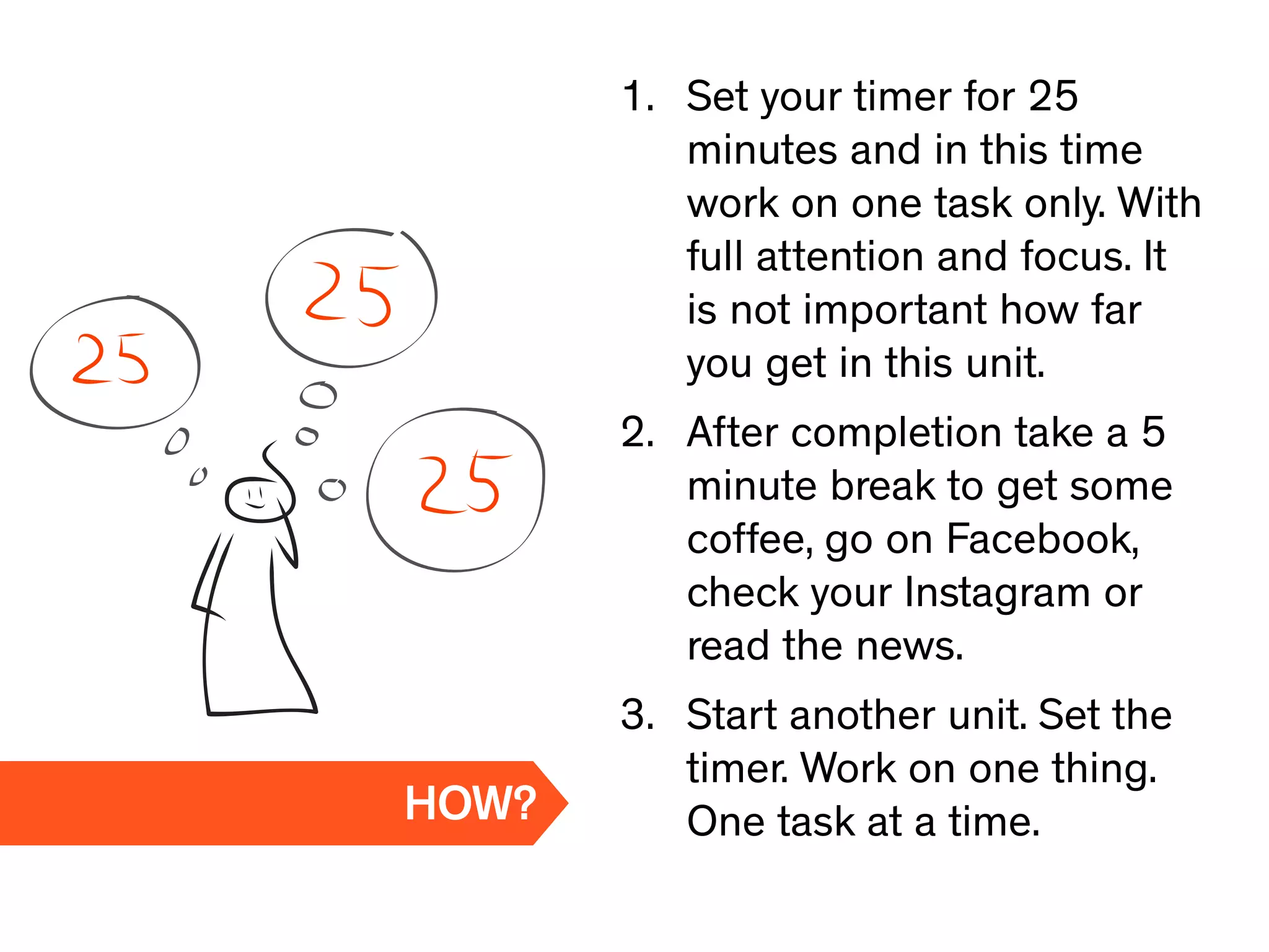 1. Set your timer for 25
minutes and in this time
work on one task only. With
full attention and focus. It
is not important how far
you get in this unit.
2. After completion take a 5
minute break to get some
coffee, go on Facebook,
check your Instagram or
read the news.
3. Start another unit. Set the
timer. Work on one thing.
One task at a time.HOW?
 