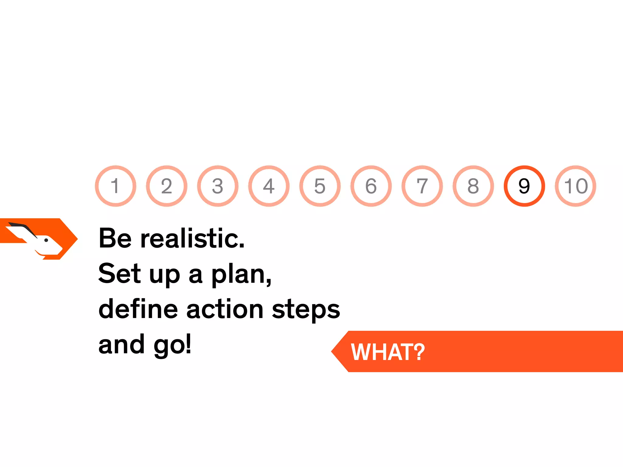 Be realistic.
Set up a plan,
deﬁne action steps
and go! WHAT?
1 2 3 4 5 6 7 8 9 10
 