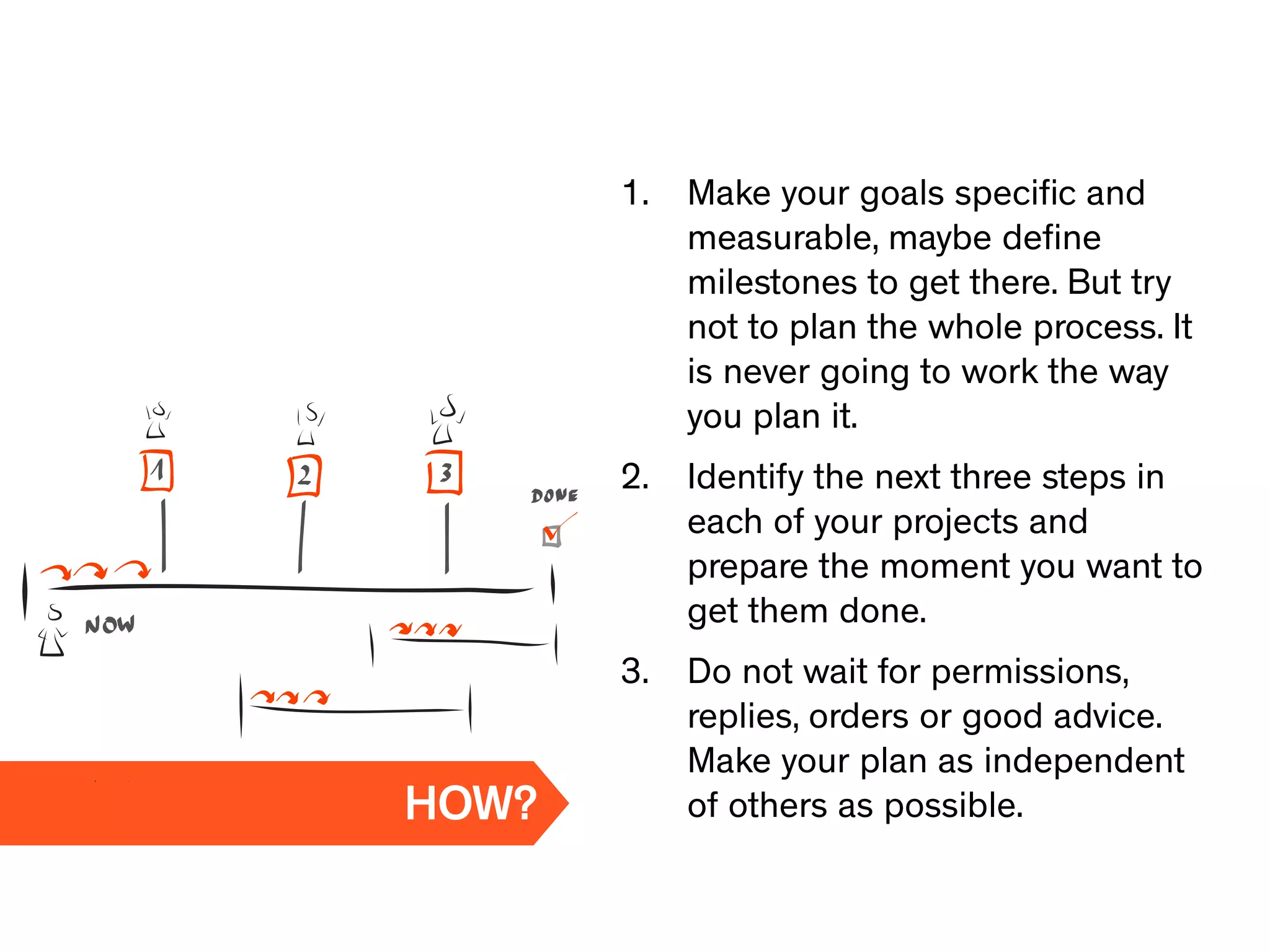 1. Make your goals speciﬁc and
measurable, maybe deﬁne
milestones to get there. But try
not to plan the whole process. It
is never going to work the way
you plan it.
2. Identify the next three steps in
each of your projects and
prepare the moment you want to
get them done.
3. Do not wait for permissions,
replies, orders or good advice.
Make your plan as independent
of others as possible.HOW?
 