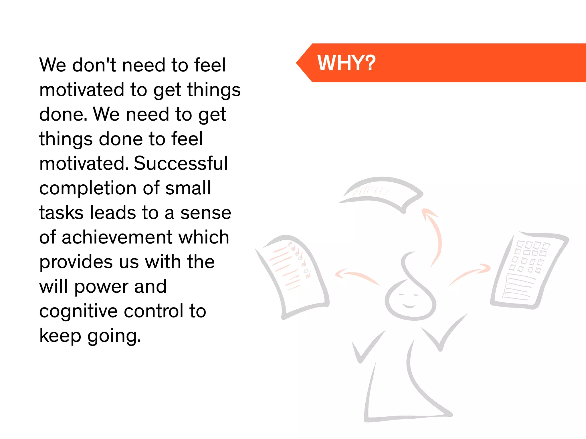 We don't need to feel
motivated to get things
done. We need to get
things done to feel
motivated. Successful
completion of small
tasks leads to a sense
of achievement which
provides us with the
will power and
cognitive control to
keep going.
WHY?
 