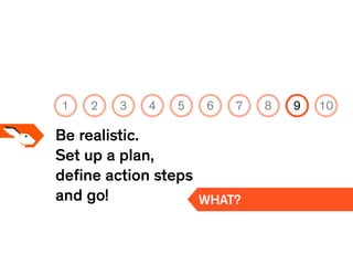 Be realistic.
Set up a plan,
deﬁne action steps
and go! WHAT?
1 2 3 4 5 6 7 8 9 10
 