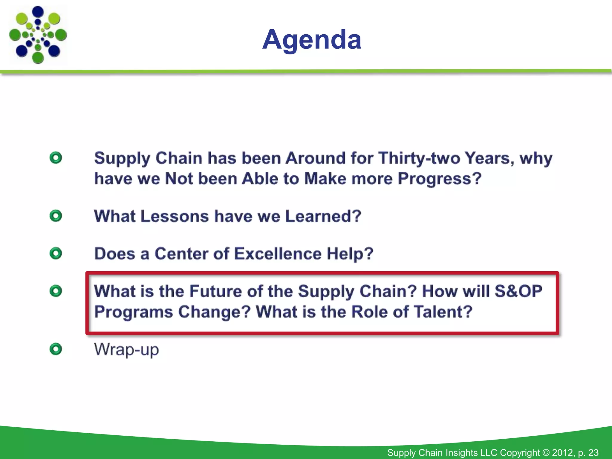 Agenda




         Supply Chain Insights LLC Copyright © 2012, p. 23
 