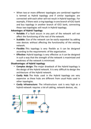 • When two or more different topologies are combined together
is termed as Hybrid topology and if similar topologies are
connected with each other will not result in Hybrid topology. For
example, if there exist a ring topology in one branch of ICICI bank
and bus topology in another branch of ICICI bank, connecting
these two topologies will result in Hybrid topology.
Advantages of Hybrid Topology
• Reliable: If a fault occurs in any part of the network will not
affect the functioning of the rest of the network.
• Scalable: Size of the network can be easily expanded by adding
new devices without affecting the functionality of the existing
network.
• Flexible: This topology is very flexible as it can be designed
according to the requirements of the organization.
• Effective: Hybrid topology is very effective as it can be designed
in such a way that the strength of the network is maximized and
weakness of the network is minimized.
Disadvantages of Hybrid topology
• Complex design: The major drawback of the Hybrid topology is
the design of the Hybrid network. It is very difficult to design the
architecture of the Hybrid network.
• Costly Hub: The Hubs used in the Hybrid topology are very
expensive as these hubs are different from usual Hubs used in
other topologies.
• Costly infrastructure: The infrastructure cost is very high as a
hybrid network requires a lot of cabling, network devices, etc.
 