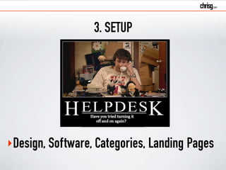 3. SETUP 
‣Design, Software, Categories, Landing Pages 
 