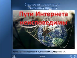 Стартовая презентация к сетевомупроекту Пути Интернета неисповедимы Авторы проекта: Торопова И. В., Пушкина М.А., Матросова Г.Н. 2011 г. 