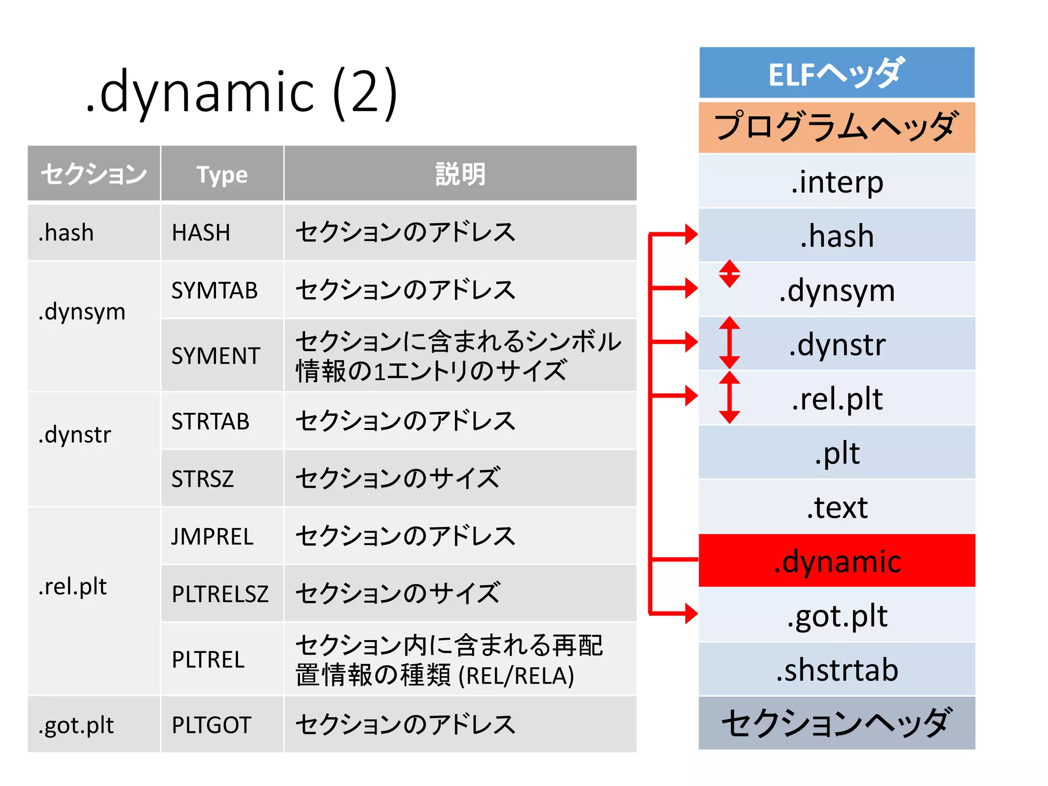 .dynamic (2) ELFヘッダ
プログラムヘッダ
.interp
.hash
.dynsym
.dynstr
.rel.plt
.plt
.text
.dynamic
.got.plt
.shstrtab
セクションヘッダ
セクション Type 説明
.hash HASH セクションのアドレス
.dynsym
SYMTAB セクションのアドレス
SYMENT
セクションに含まれるシンボル
情報の1エントリのサイズ
.dynstr STRTAB セクションのアドレス
STRSZ セクションのサイズ
.rel.plt
JMPREL セクションのアドレス
PLTRELSZ セクションのサイズ
PLTREL
セクション内に含まれる再配
置情報の種類 (REL/RELA)
.got.plt PLTGOT セクションのアドレス
 