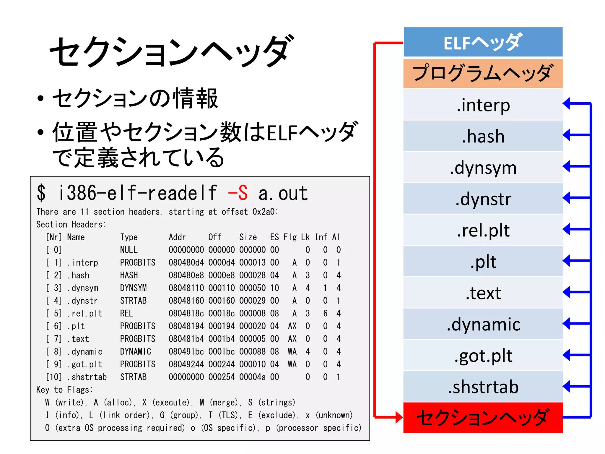 セクションヘッダ
• セクションの情報
• 位置やセクション数はELFヘッダ
で定義されている
ELFヘッダ
プログラムヘッダ
.interp
.hash
.dynsym
.dynstr
.rel.plt
.plt
.text
.dynamic
.got.plt
.shstrtab
セクションヘッダ
$ i386-elf-readelf -S a.out
There are 11 section headers, starting at offset 0x2a0:
Section Headers:
[Nr] Name Type Addr Off Size ES Flg Lk Inf Al
[ 0] NULL 00000000 000000 000000 00 0 0 0
[ 1] .interp PROGBITS 080480d4 0000d4 000013 00 A 0 0 1
[ 2] .hash HASH 080480e8 0000e8 000028 04 A 3 0 4
[ 3] .dynsym DYNSYM 08048110 000110 000050 10 A 4 1 4
[ 4] .dynstr STRTAB 08048160 000160 000029 00 A 0 0 1
[ 5] .rel.plt REL 0804818c 00018c 000008 08 A 3 6 4
[ 6] .plt PROGBITS 08048194 000194 000020 04 AX 0 0 4
[ 7] .text PROGBITS 080481b4 0001b4 000005 00 AX 0 0 4
[ 8] .dynamic DYNAMIC 080491bc 0001bc 000088 08 WA 4 0 4
[ 9] .got.plt PROGBITS 08049244 000244 000010 04 WA 0 0 4
[10] .shstrtab STRTAB 00000000 000254 00004a 00 0 0 1
Key to Flags:
W (write), A (alloc), X (execute), M (merge), S (strings)
I (info), L (link order), G (group), T (TLS), E (exclude), x (unknown)
O (extra OS processing required) o (OS specific), p (processor specific)
 
