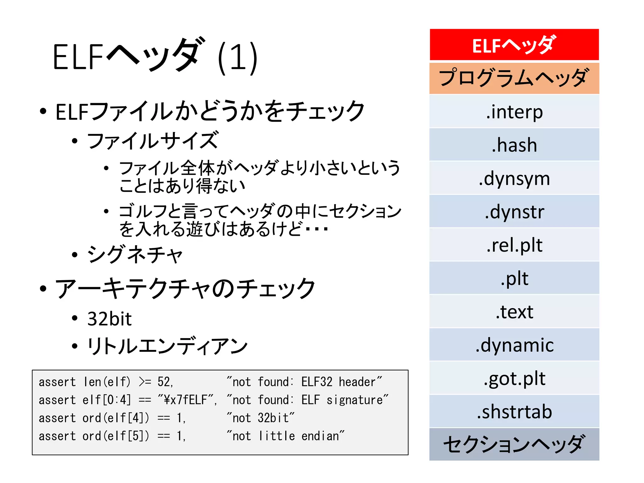 ELFヘッダ (1)
• ELFファイルかどうかをチェック
• ファイルサイズ
• ファイル全体がヘッダより小さいという
ことはあり得ない
• ゴルフと言ってヘッダの中にセクション
を入れる遊びはあるけど・・・
• シグネチャ
• アーキテクチャのチェック
• 32bit
• リトルエンディアン
ELFヘッダ
プログラムヘッダ
.interp
.hash
.dynsym
.dynstr
.rel.plt
.plt
.text
.dynamic
.got.plt
.shstrtab
セクションヘッダ
assert len(elf) >= 52, "not found: ELF32 header"
assert elf[0:4] == "¥x7fELF", "not found: ELF signature"
assert ord(elf[4]) == 1, "not 32bit"
assert ord(elf[5]) == 1, "not little endian"
 