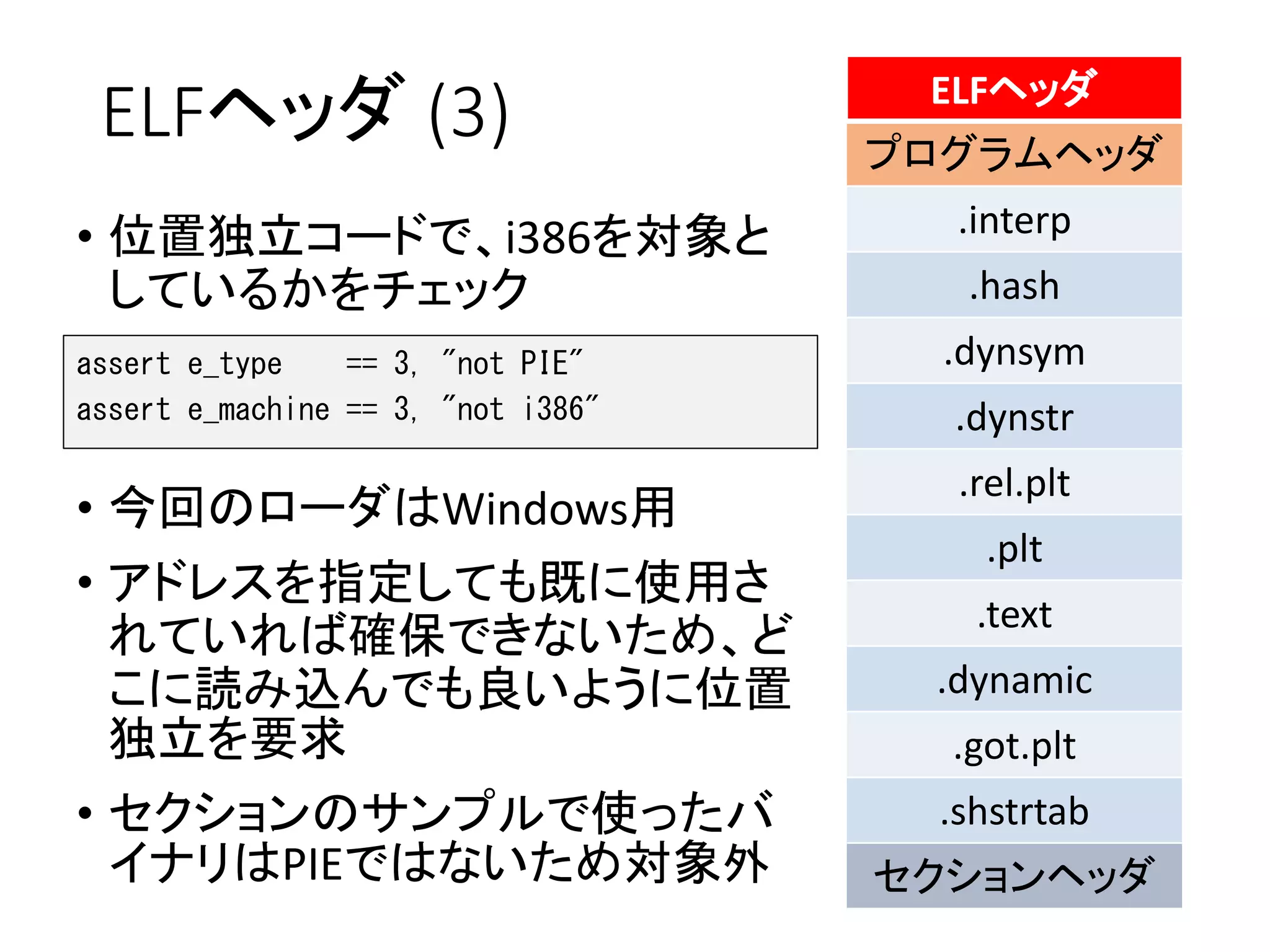 ELFヘッダ (3)
• 位置独立コードで、i386を対象と
しているかをチェック
ELFヘッダ
プログラムヘッダ
.interp
.hash
.dynsym
.dynstr
.rel.plt
.plt
.text
.dynamic
.got.plt
.shstrtab
セクションヘッダ
assert e_type == 3, "not PIE"
assert e_machine == 3, "not i386"
• 今回のローダはWindows用
• アドレスを指定しても既に使用さ
れていれば確保できないため、ど
こに読み込んでも良いように位置
独立を要求
• セクションのサンプルで使ったバ
イナリはPIEではないため対象外
 
