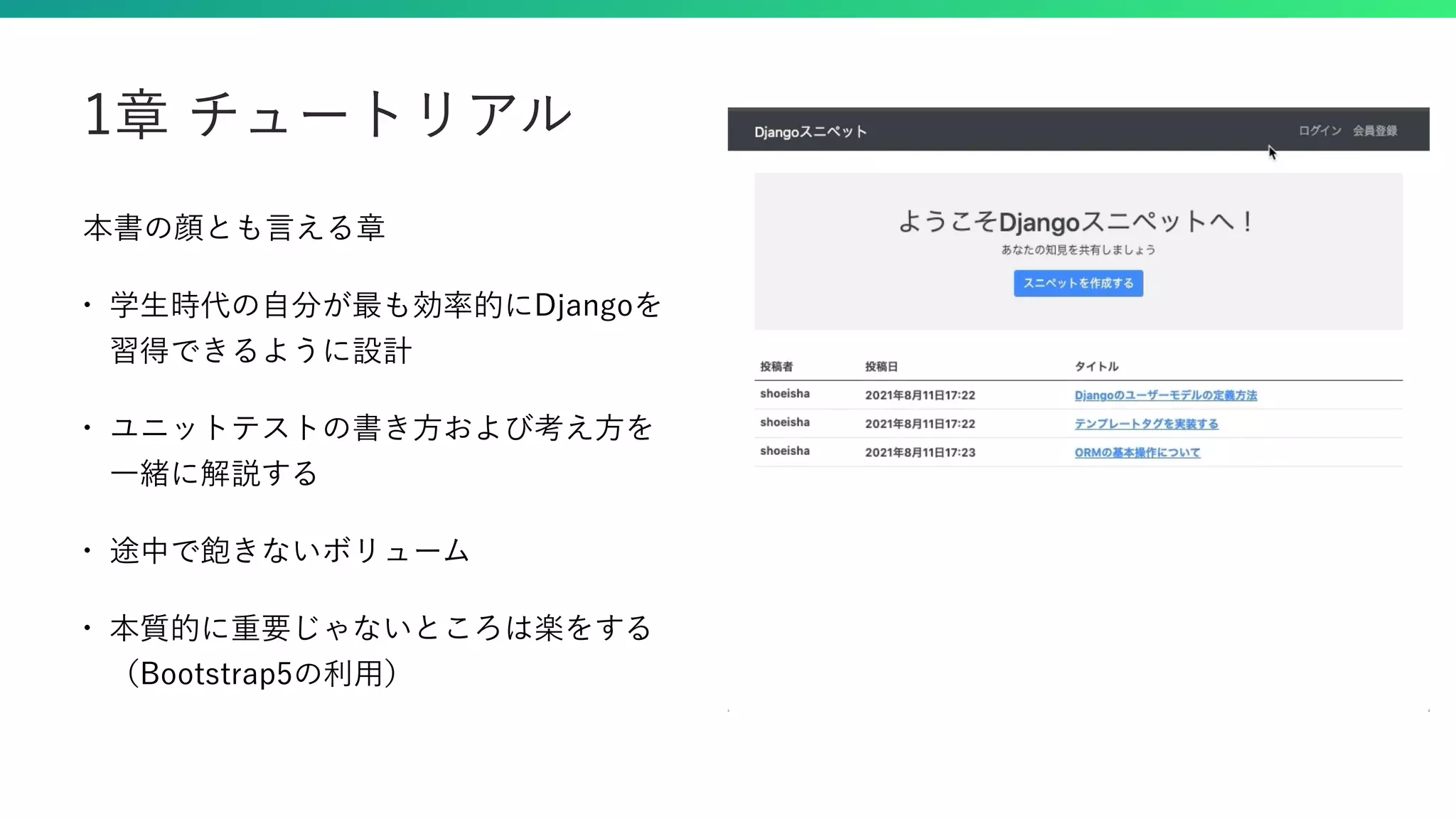 本書の顔とも言える章 • 学生時代の自分が最も効率的にDjangoを 習得できるように設計 • ユニットテストの書き方および考え方を 一緒に解説する • 途中で飽きないボリューム • 本質的に重要じゃないところは楽をする （Bootstrap5の利用） 1章 チュートリアル 