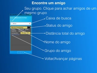 Encontre um amigo
Voltar/Avançar páginas
Grupo do amigo
Nome do amigo
Distância total do amigo
Status do amigo
Caixa de busca
Seu grupo. Clique para achar amigos de um
mesmo grupo
 