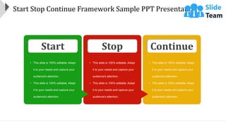 Start Stop Continue Framework Sample PPT Presentation
• This slide is 100% editable. Adapt
it to your needs and capture your
audience's attention.
• This slide is 100% editable. Adapt
it to your needs and capture your
audience's attention.
Continue
• This slide is 100% editable. Adapt
it to your needs and capture your
audience's attention.
• This slide is 100% editable. Adapt
it to your needs and capture your
audience's attention.
Start
• This slide is 100% editable. Adapt
it to your needs and capture your
audience's attention.
• This slide is 100% editable. Adapt
it to your needs and capture your
audience's attention.
Stop
 