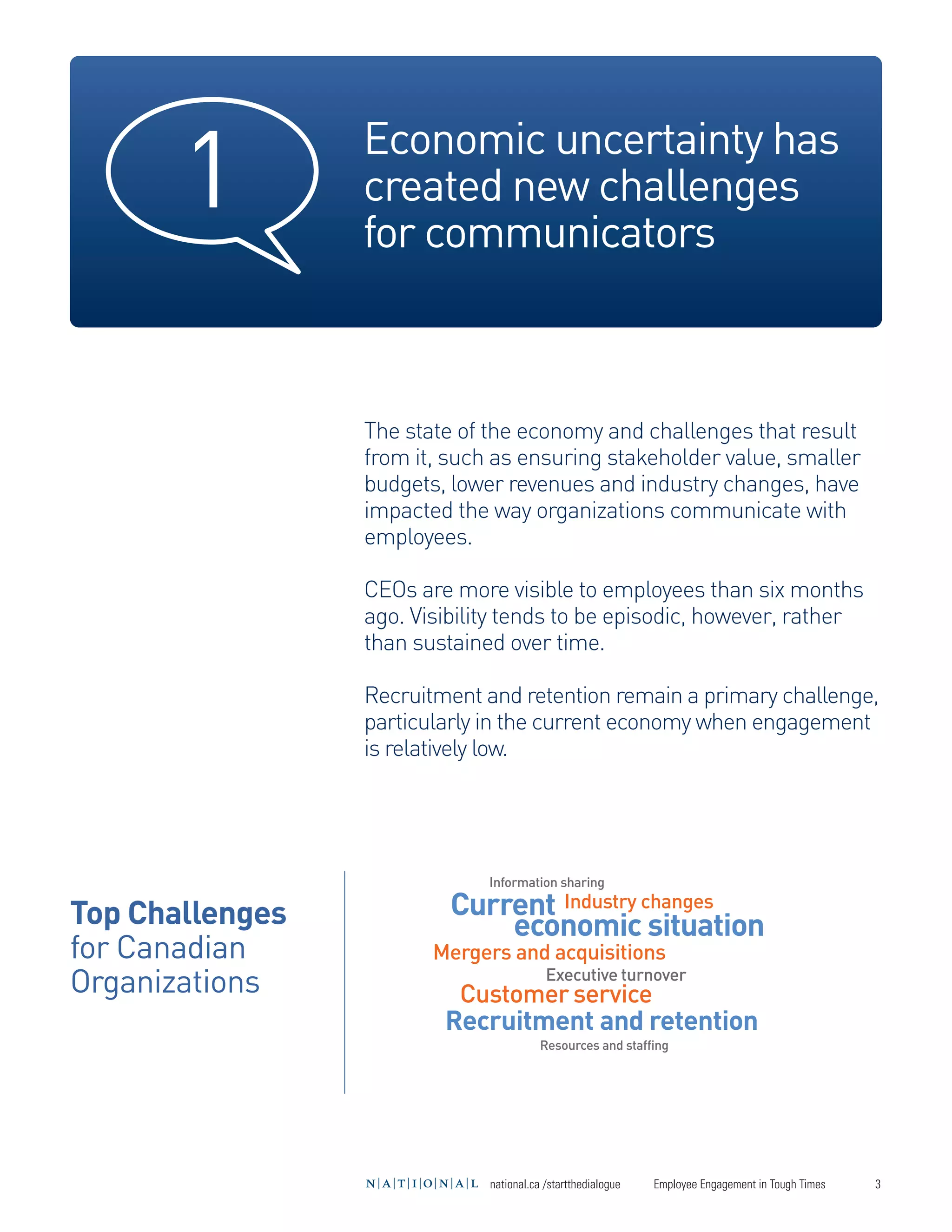 1         Economic uncertainty has
                 created new challenges
                 for communicators



                 The state of the economy and challenges that result
                 from it, such as ensuring stakeholder value, smaller
                 budgets, lower revenues and industry changes, have
                 impacted the way organizations communicate with
                 employees.

                 CEOs are more visible to employees than six months




Top Challenges
                 ago. Visibility tends to be episodic, however, rather




                          Current Industry changes
                 than sustained over time.




for Canadian
                              economic situation
Organizations
                 Recruitment and retention remain a primary challenge,
                 particularly in the current economy when engagement
                 is relatively low.




                         Recruitment and retention
                           Customer service
                        Mergers and acquisitions
                                          Executive turnover
                              Information sharing




                                         Resources and staffing




                              national.ca /startthedialogue   Employee Engagement in Tough Times   3
 