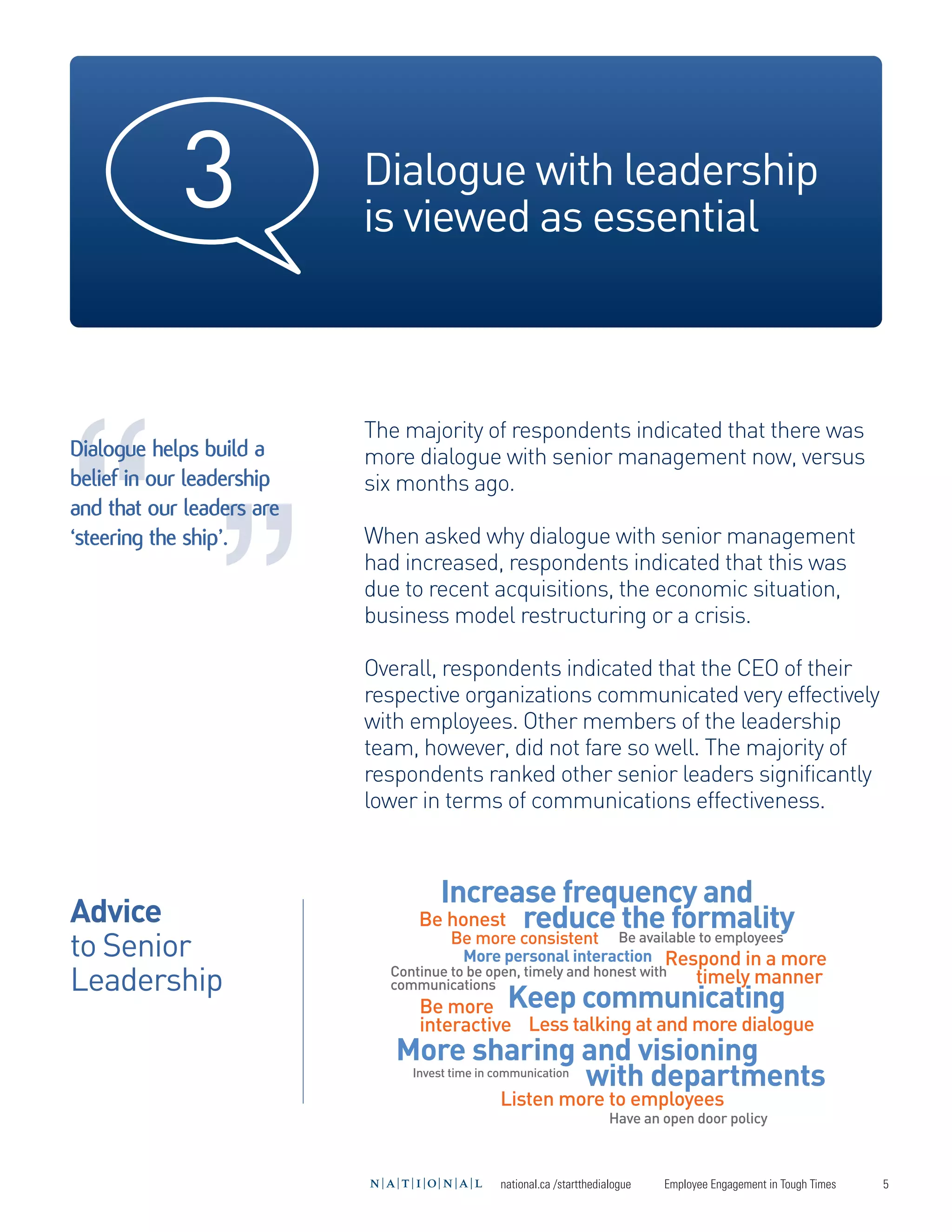 3              Dialogue with leadership
                           is viewed as essential



                           The majority of respondents indicated that there was
                           more dialogue with senior management now, versus
                           six months ago.

                           When asked why dialogue with senior management
                           had increased, respondents indicated that this was
                           due to recent acquisitions, the economic situation,




Advice
                           business model restructuring or a crisis.




                                    Increase frequency and
to Senior
                                          reduce Be available to employees
                                                 the formality
                           Overall, respondents indicated that the CEO of their




Leadership
                           respective organizations communicated very effectively
                           with employees. Other members of the leadership
                           team, however, did not fare so well. The majority of




                                 Be more Keep communicating
                           respondents ranked other senior leaders significantly
                           lower in terms of communications effectiveness.




                              More sharing and visioning
                                                            with departments
                                 Be honest
                                                                              Respond in a more
                                                                                 timely manner
                 “

                                      Be more consistent



                                 interactive Less talking at and more dialogue
                                        More personal interaction
“
Dialogue helps build a




                                              Listen more to employees
belief in our leadership




                             Continue to be open, timely and honest with
and that our leaders are




                             communications
‘steering the ship’.




                                                                      Have an open door policy
                               Invest time in communication




                                              national.ca /startthedialogue   Employee Engagement in Tough Times   5
 
