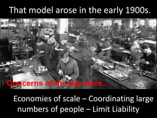     That model arose in the early 1900s.Concerns of the day were…      Economies of scale – Coordinating large               	numbers of people – Limit Liability