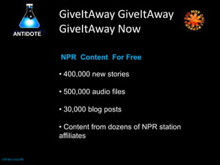 Problem: In 2008 the average public radio station listener visited their local radio station website only 2x per month.Source: http://www.slideshare.net/davewrightjr/redesigning-nprorg