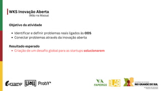 WKS Inovação Aberta
(Mão na Massa)
Objetivo da atividade
Identificar e definir problemas reais ligados às ODS
Conectar problemas através da inovação aberta
Resultado esperado
Criação de um desafio global para as startups solucionarem
 