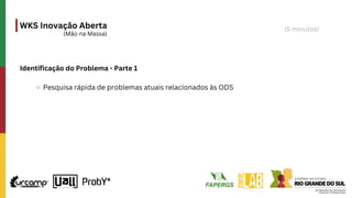 WKS Inovação Aberta
(Mão na Massa)
Identificação do Problema - Parte 1
Pesquisa rápida de problemas atuais relacionados às ODS
(5 minutos)
 