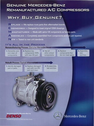 R
   E                             •
   M ·                                                                        •       ••   -
   A                   =                       • •                                •
   N

Remanufacturing Process                        --=":'-0. __ -
                                                          "



1. Dismantle core               2. Rep lace key                 3. Test all                4. Replace
  and clean all                      components 100%              other critical               components that
  components.                        with new OE part.            components.                  do not meet



Rebuilt Process (Typical
                                   ~~~~======~
1. Identify damaged
   part or parts.




 Available through your local Mercedes :   -   .  --   -
 