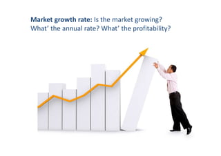 Market growth rate: Is the market growing?
What’ the annual rate? What’ the profitability?
 
