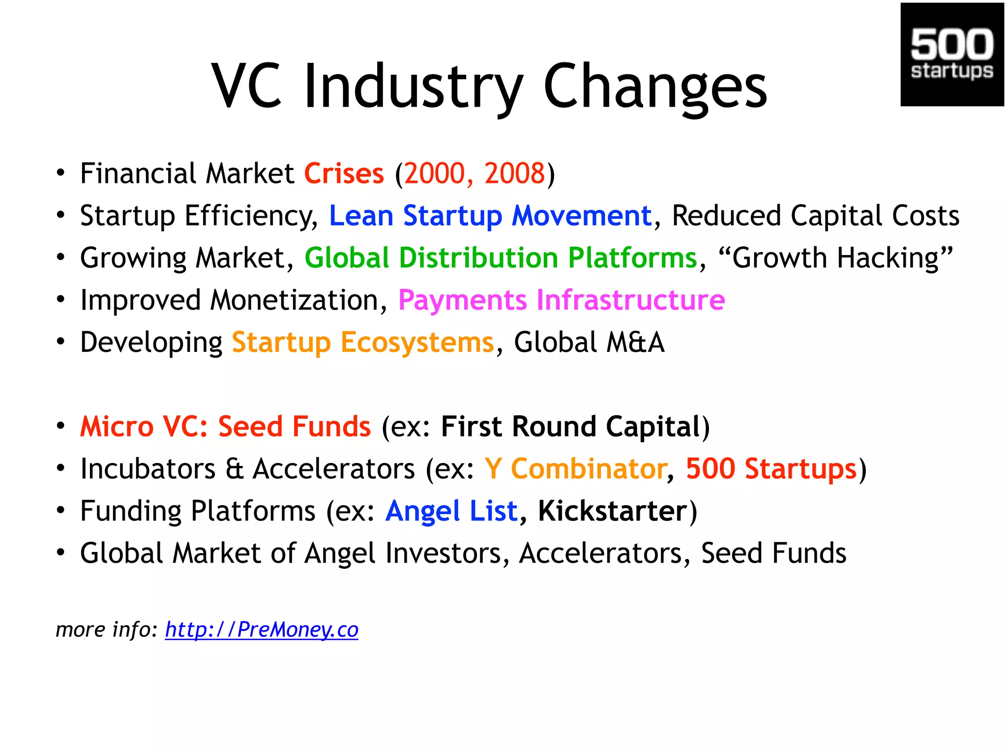 VC Industry Changes
• Financial Market Crises (2000, 2008)
• Startup Efficiency, Lean Startup Movement, Reduced Capital Costs
• Growing Market, Global Distribution Platforms, “Growth Hacking”
• Improved Monetization, Payments Infrastructure
• Developing Startup Ecosystems, Global M&A
• Micro VC: Seed Funds (ex: First Round Capital)
• Incubators & Accelerators (ex: Y Combinator, 500 Startups)
• Funding Platforms (ex: Angel List, Kickstarter)
• Global Market of Angel Investors, Accelerators, Seed Funds
more info: http://PreMoney.co
 