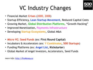 VC Industry Changes
• Financial Market Crises (2000, 2008)
• Startup Efficiency, Lean Startup Movement, Reduced Capital Costs
• Growing Market, Global Distribution Platforms, “Growth Hacking”
• Improved Monetization, Payments Infrastructure
• Developing Startup Ecosystems, Global M&A
• Micro VC: Seed Funds (ex: First Round Capital)
• Incubators & Accelerators (ex: Y Combinator, 500 Startups)
• Funding Platforms (ex: Angel List, Kickstarter)
• Global Market of Angel Investors, Accelerators, Seed Funds
more info: http://PreMoney.co
 