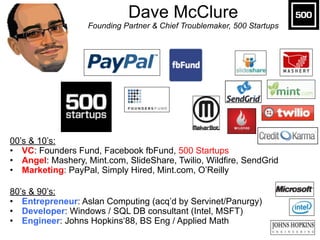 Dave McClure 
Founding Partner & Chief Troublemaker, 500 Startups
00’s & 10’s:
• VC: Founders Fund, Facebook fbFund, 500 Startups
• Angel: Mashery, Mint.com, SlideShare, Twilio, Wildfire, SendGrid
• Marketing: PayPal, Simply Hired, Mint.com, O’Reilly
80’s & 90’s:
• Entrepreneur: Aslan Computing (acq’d by Servinet/Panurgy)
• Developer: Windows / SQL DB consultant (Intel, MSFT)
• Engineer: Johns Hopkins‘88, BS Eng / Applied Math
 