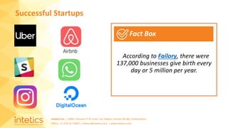 Intetics Inc. | 10001 Tamiami Tr N, Suite 114, Naples, Florida 34108, United States
Office: +1-239-217-4907 | intetics@intetics.com | www.intetics.com
Successful Startups
Fact Box
According to Failory, there were
137,000 businesses give birth every
day or 5 million per year.
 