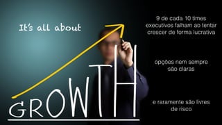It’s all about
9 de cada 10 times
executivos falham ao tentar
crescer de forma lucrativa
e raramente são livres
de risco
opções nem sempre
são claras
 