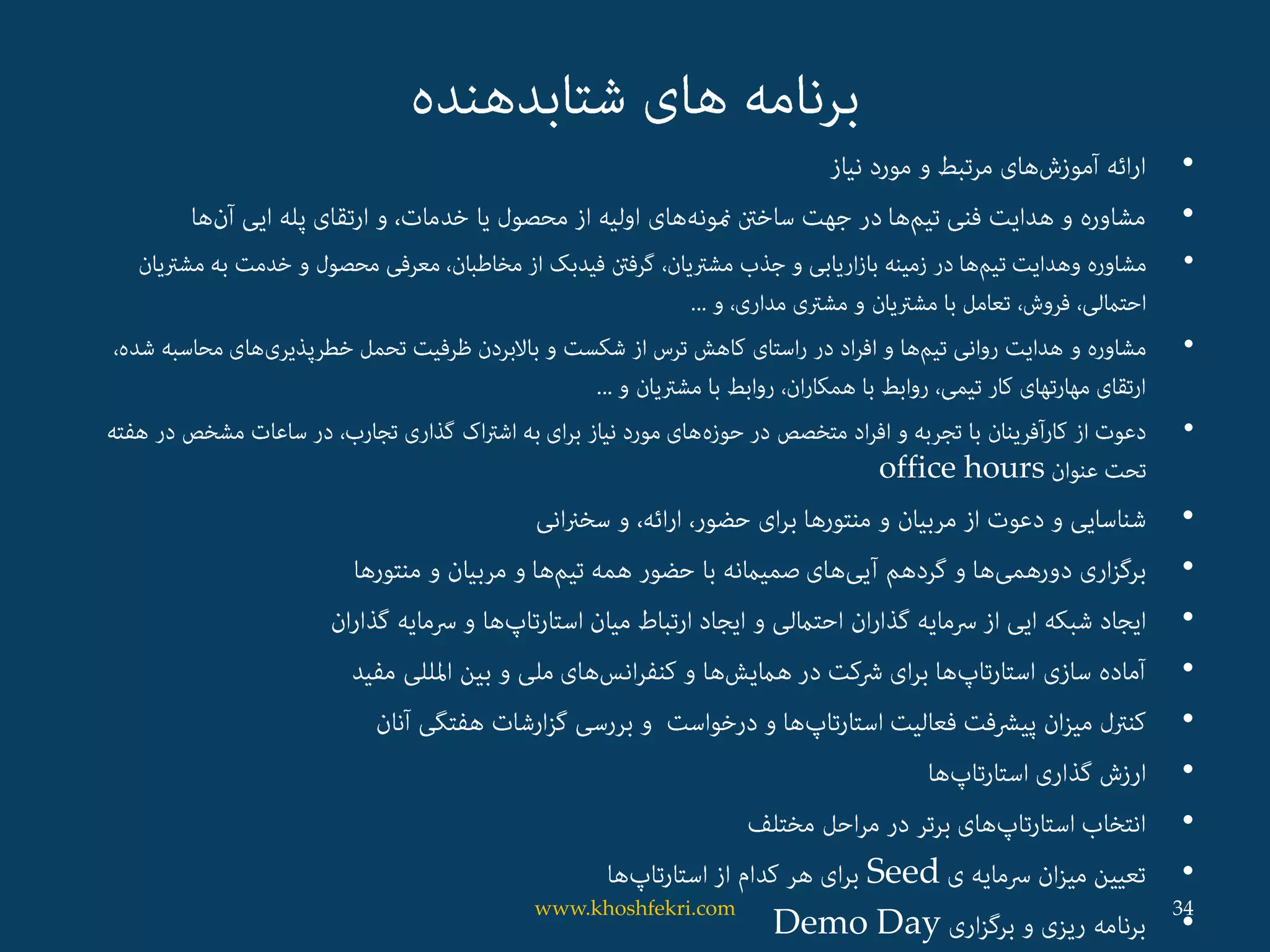 •
•
•
•
•
office hours
•
•
•
•
•
•
•
•Seed
•Demo Day
34www.khoshfekri.com
 