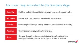 Focus on things important to the company stage
Empathy Problem and solution validation: discover real needs you can solve.
Stickiness Engage with customers in a meaningful, valuable way.
Virality Grow adoption through virality (inherent, artificial word-of-mouth).
Revenue Convince users to pay with optimal pricing
Scale
Growing through customer acquisition, channel relationships,
finding efficiencies, and participating in a market ecosystem.
 