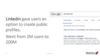 Linkedin gave users an
option to create public
profiles.
Went from 2M users to
200M
Confidential38
 