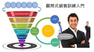 顧問式銷售訓練入門

FAB

FAB

Sales
Pipeline

Deal
We are here

BANTS

 