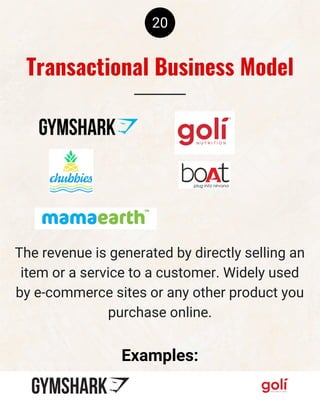 20
The revenue is generated by directly selling an
item or a service to a customer. Widely used
by e-commerce sites or any other product you
purchase online.
Examples:
Transactional Business Model
 